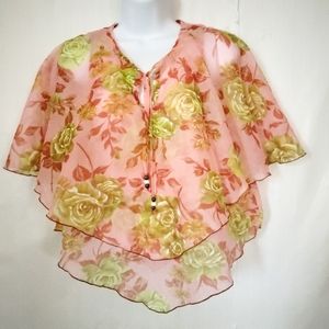 L Vintage 60's Floral Pink Green Boho Blouse